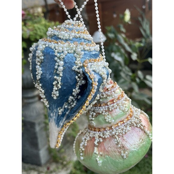 Handmade Other - Large Jeweled Seashell Christmas Ornaments Pearl Beaded Rhinestone Coastal Pair